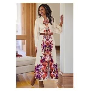 Soft Surroundings Cream Maxi Dress with Purple and Orange Floral Center Panel